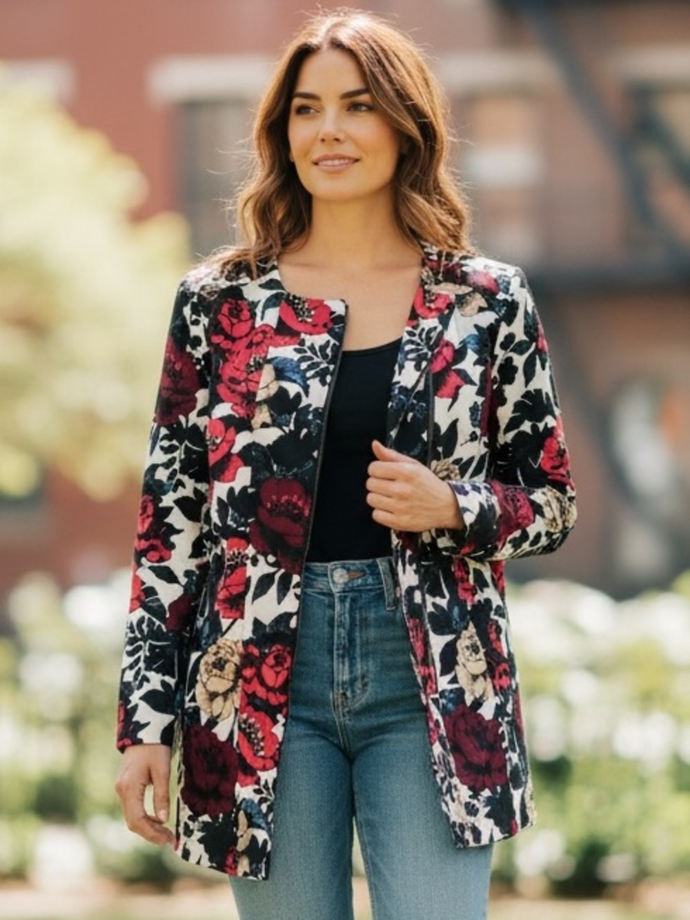 ADRIANNA PAPELL Jacket  Coat Size 8 Red Multi Floral Zip Long Sleeve Like New